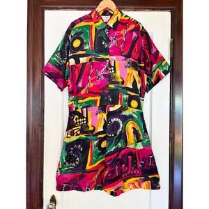 Vintage 90s Colorful Pattern Beaded Rayon Romper-- Size L/XL